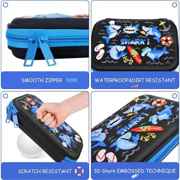 Cool Shark Pencil Case for Boys: 3D EVA Organizer with Compartments for School‎ - Picture 3 of 8